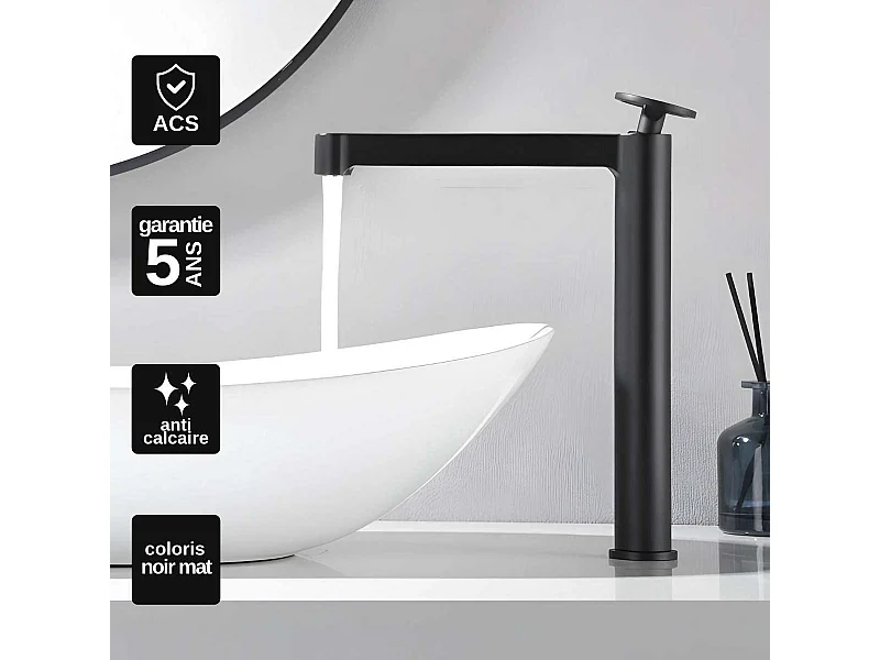 Mitigeur Lavabo Salle de Bain noir mat – Bec Haut Anti-Calcaire – Design moderne - OLIMPO IMEX