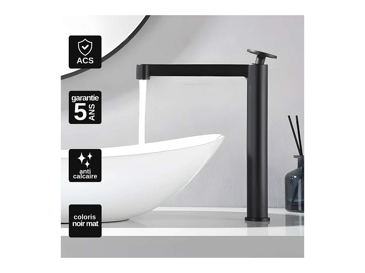 Mitigeur Lavabo Salle de Bain noir mat – Bec Haut Anti-Calcaire – Design moderne - OLIMPO IMEX