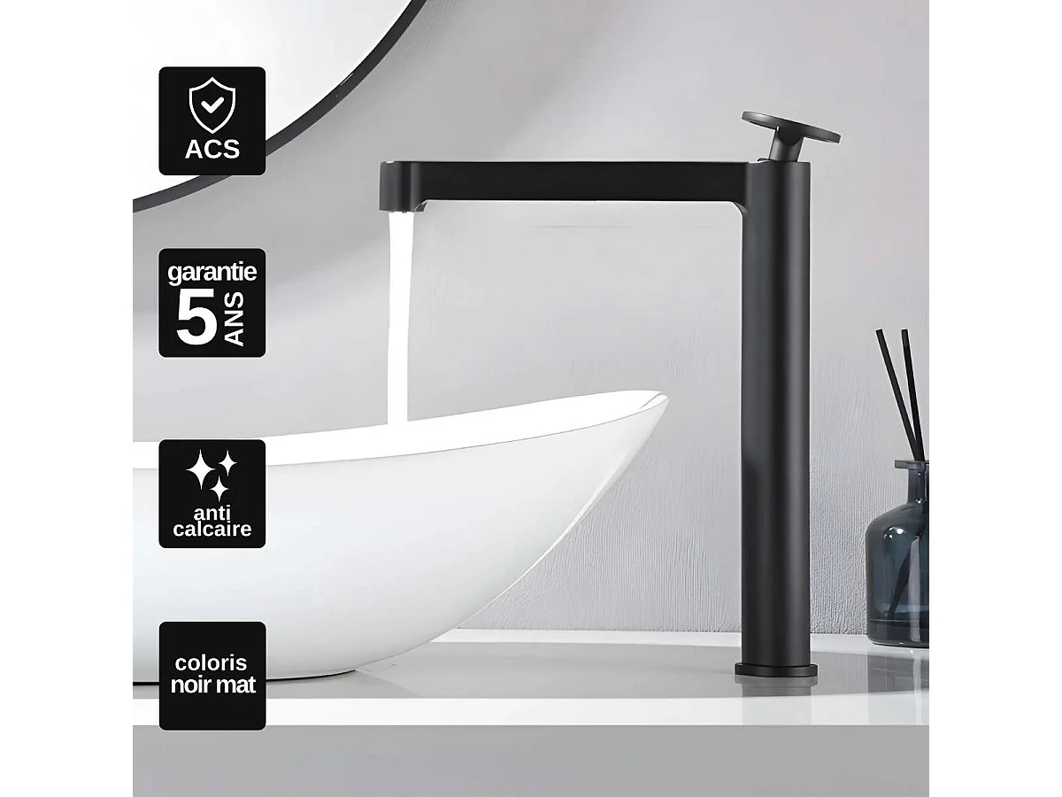 Mitigeur Lavabo Salle de Bain noir mat – Bec Haut Anti-Calcaire – Design moderne - OLIMPO IMEX