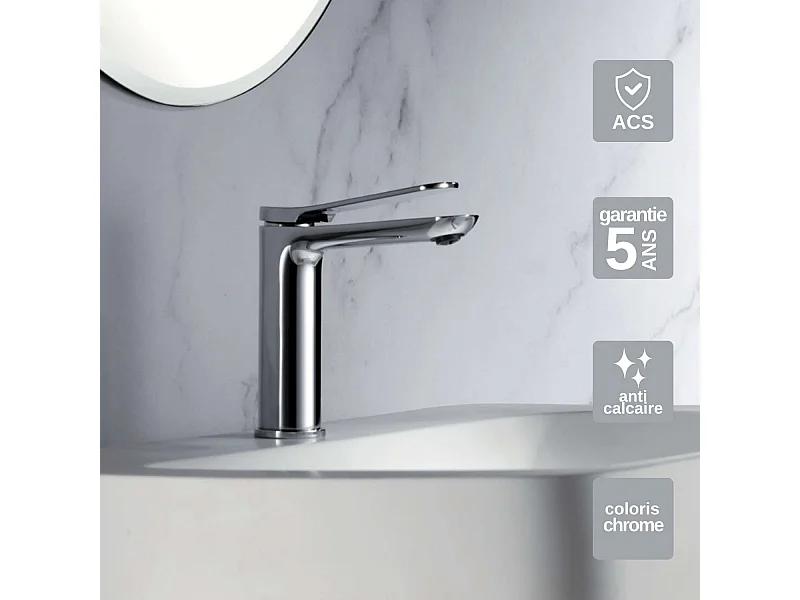 Mitigeur Lavabo Salle de Bain chromé – Bec Bas Anti-Calcaire – Design moderne - DINAMARCA IMEX