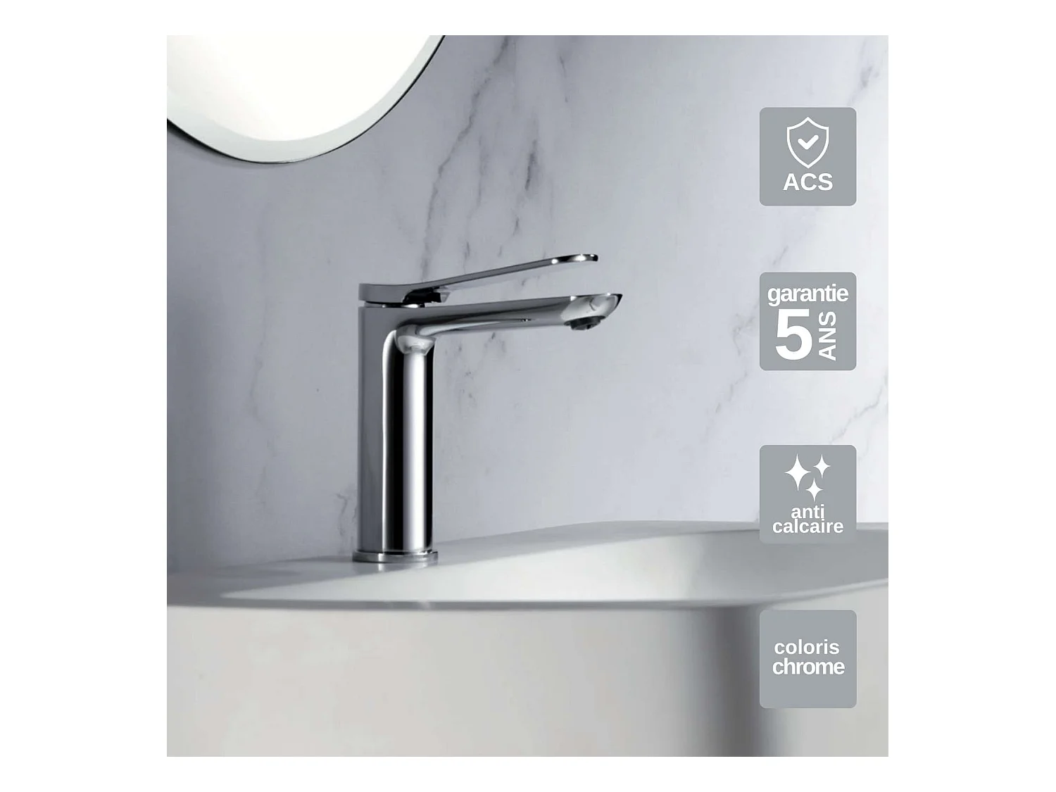 Mitigeur Lavabo Salle de Bain chromé – Bec Bas Anti-Calcaire – Design moderne - DINAMARCA IMEX