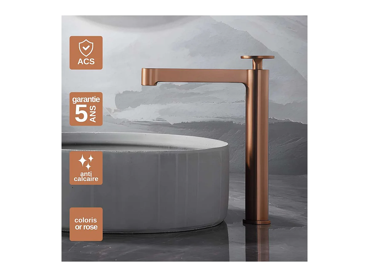 Mitigeur Lavabo Salle de Bain or rose cuivré – Bec Haut Anti-Calcaire – Design Moderne - OLIMPO IMEX