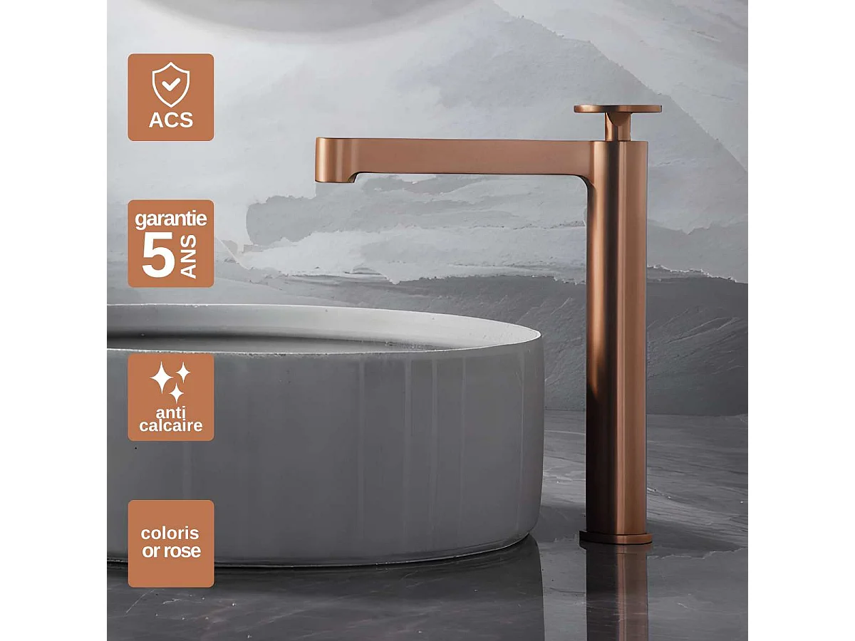 Mitigeur Lavabo Salle de Bain or rose cuivré – Bec Haut Anti-Calcaire – Design Moderne - OLIMPO IMEX