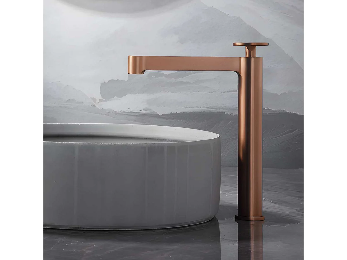 Mitigeur Lavabo Salle de Bain or rose cuivré – Bec Haut Anti-Calcaire – Design Moderne - OLIMPO IMEX
