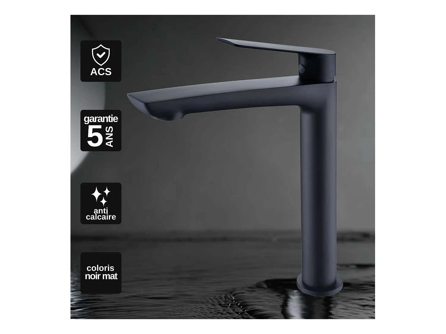 Robinet Mitigeur de Lavabo Anti-Calcaire Bec Haut Noir Mat IMEX LUXOR BDX023-3NG