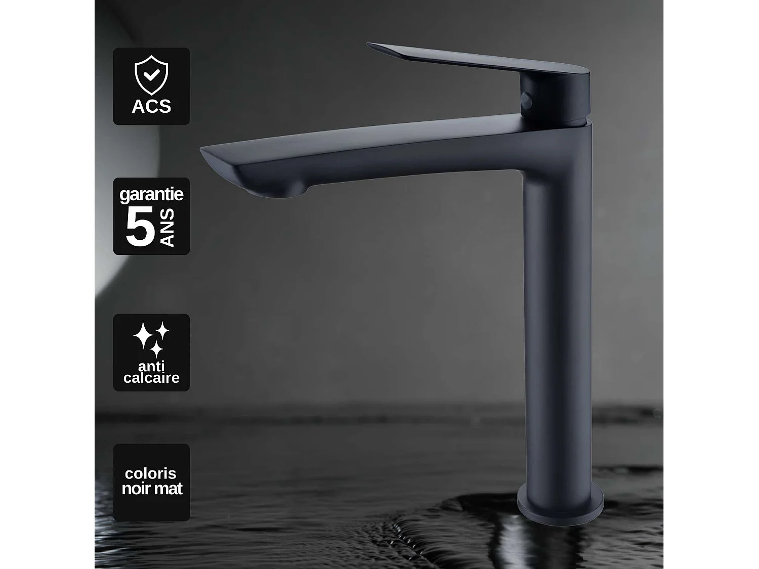 Mitigeur Lavabo Salle de Bain noir mat – Bec Haut Anti-Calcaire – Design moderne - LUXOR IMEX