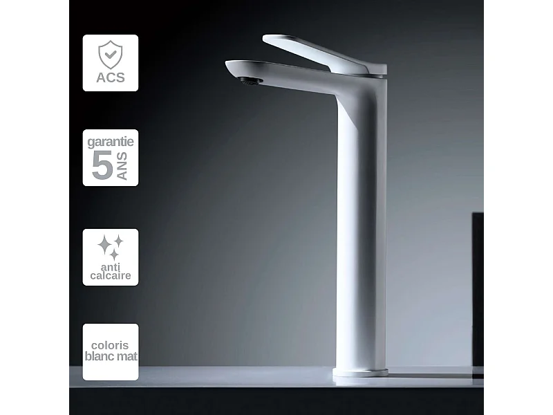 Mitigeur Lavabo Salle de Bain blanc mat – Bec Haut Anti-Calcaire – Design Moderne - DINAMARCA IMEX