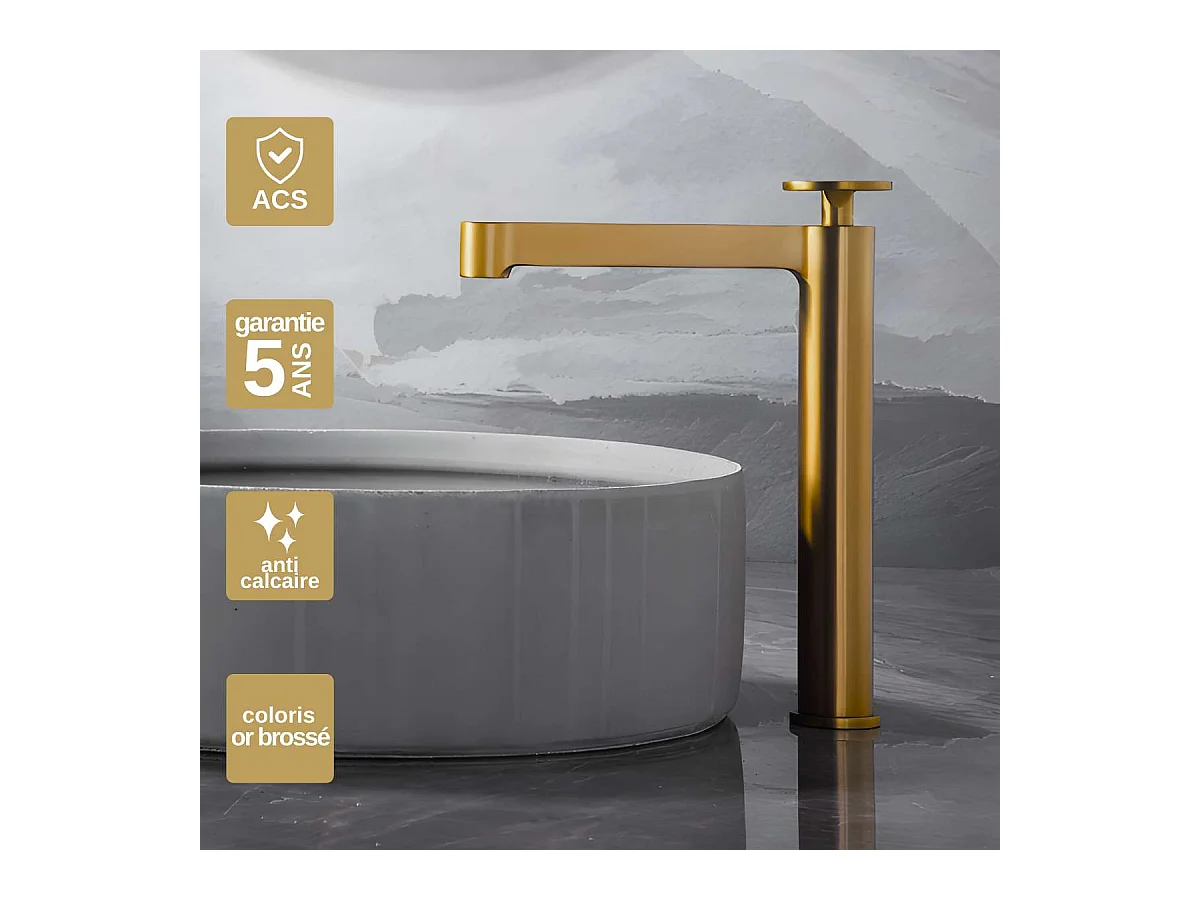 Mitigeur Lavabo Salle de Bain or brossé – Bec Haut Anti-Calcaire – Design Moderne - OLIMPO IMEX