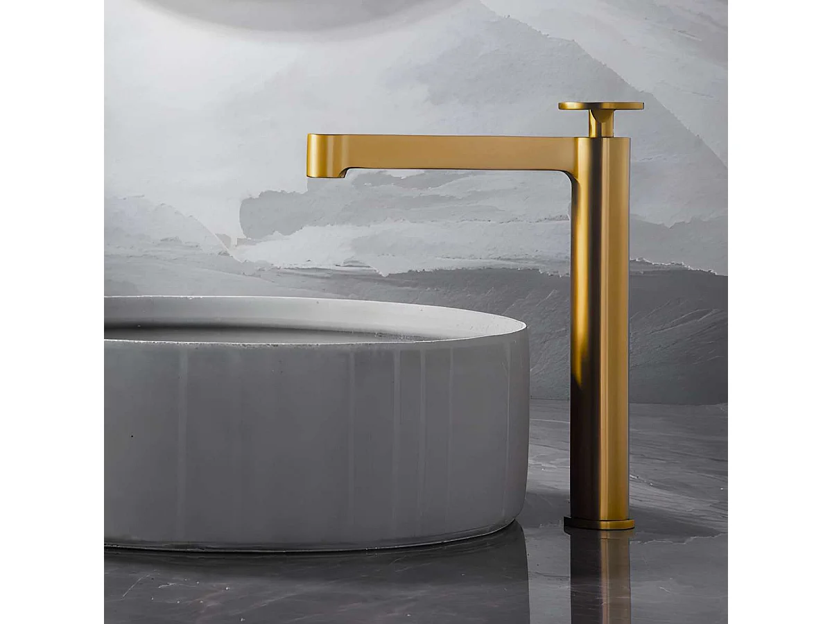 Mitigeur Lavabo Salle de Bain or brossé – Bec Haut Anti-Calcaire – Design Moderne - OLIMPO IMEX