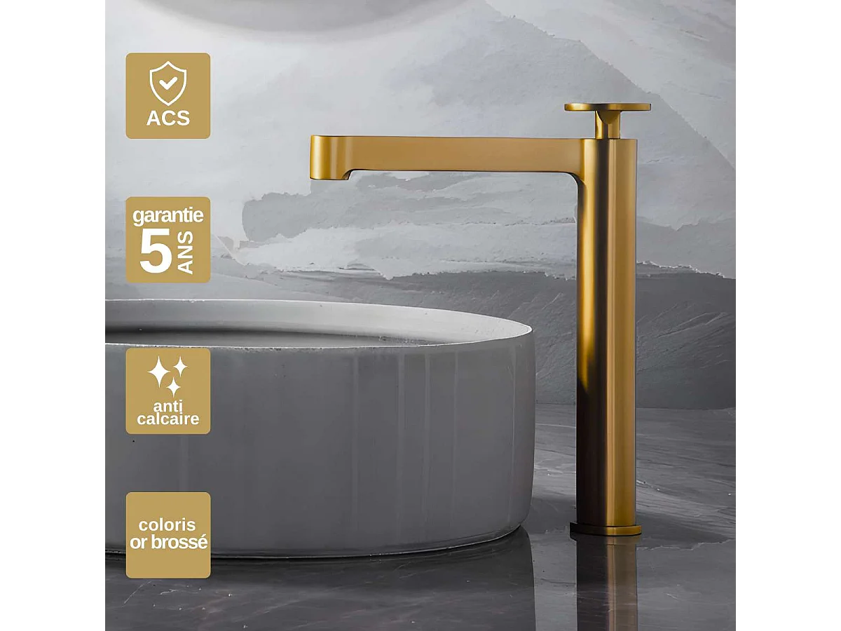 Mitigeur Lavabo Salle de Bain or brossé – Bec Haut Anti-Calcaire – Design Moderne - OLIMPO IMEX