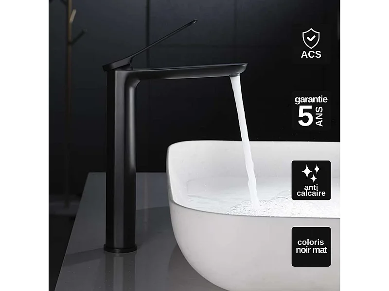 Mitigeur Lavabo Salle de Bain noir mat – Bec Haut Anti-Calcaire – Design Moderne - DINAMARCA IMEX