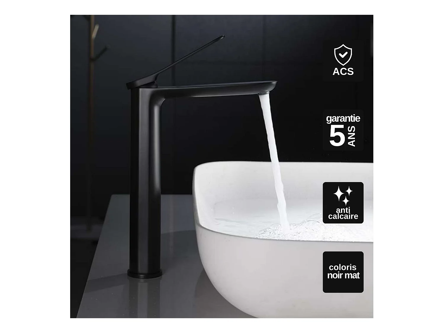 Robinet Mitigeur de Lavabo Anti-Calcaire Bec Haut Noir Mat IMEX DINAMARCA BDR031-3NG