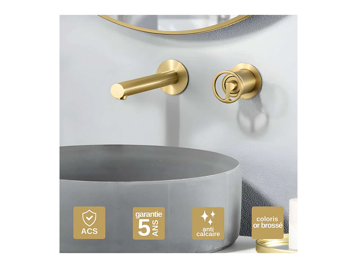 Mitigeur Lavabo Encastré Salle de Bain or brossé – Anti-Calcaire – Design moderne - OLIMPO IMEX