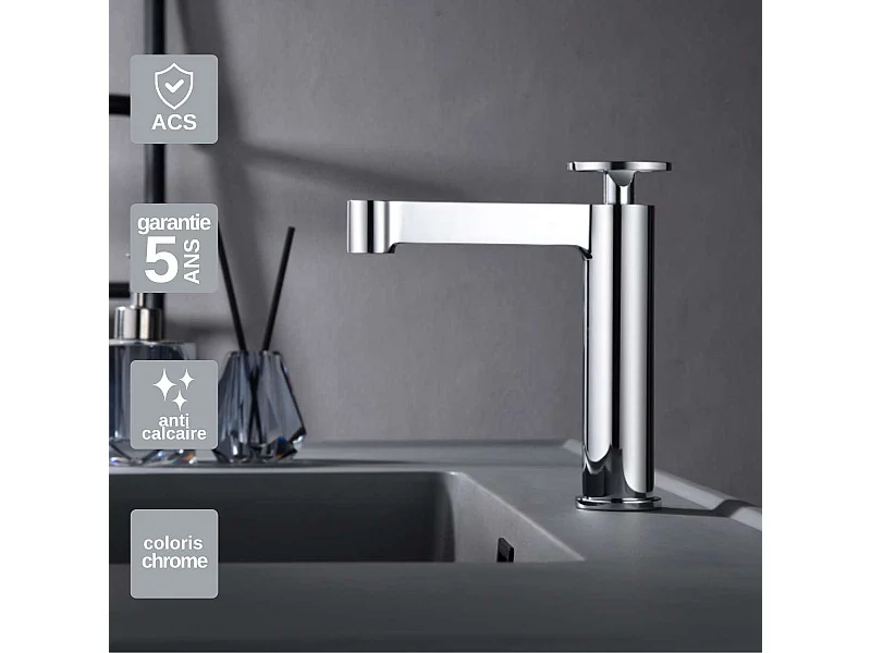 Mitigeur Lavabo Salle de Bain chromé – Bec Bas Anti-Calcaire – Design moderne - OLIMPO IMEX