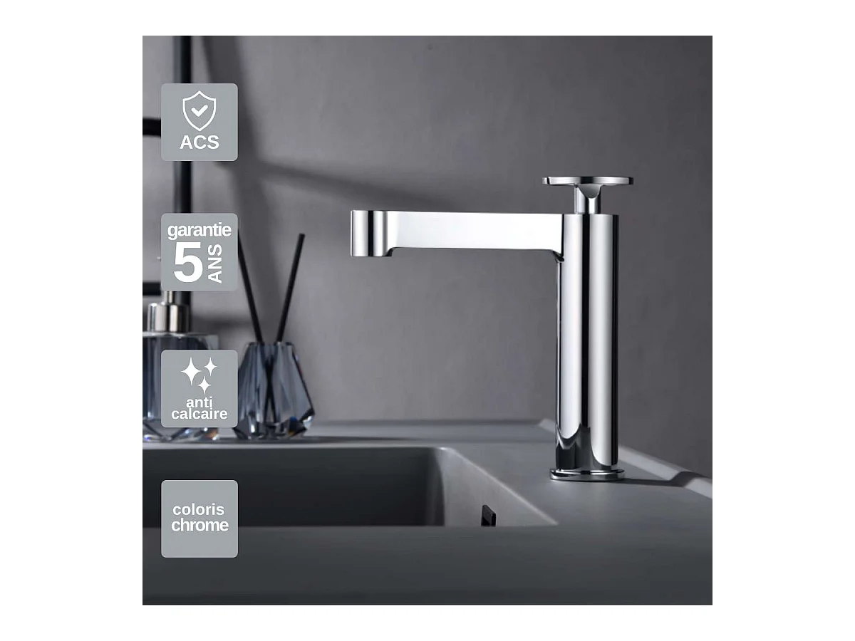 Mitigeur Lavabo Salle de Bain chromé – Bec Bas Anti-Calcaire – Design moderne - OLIMPO IMEX