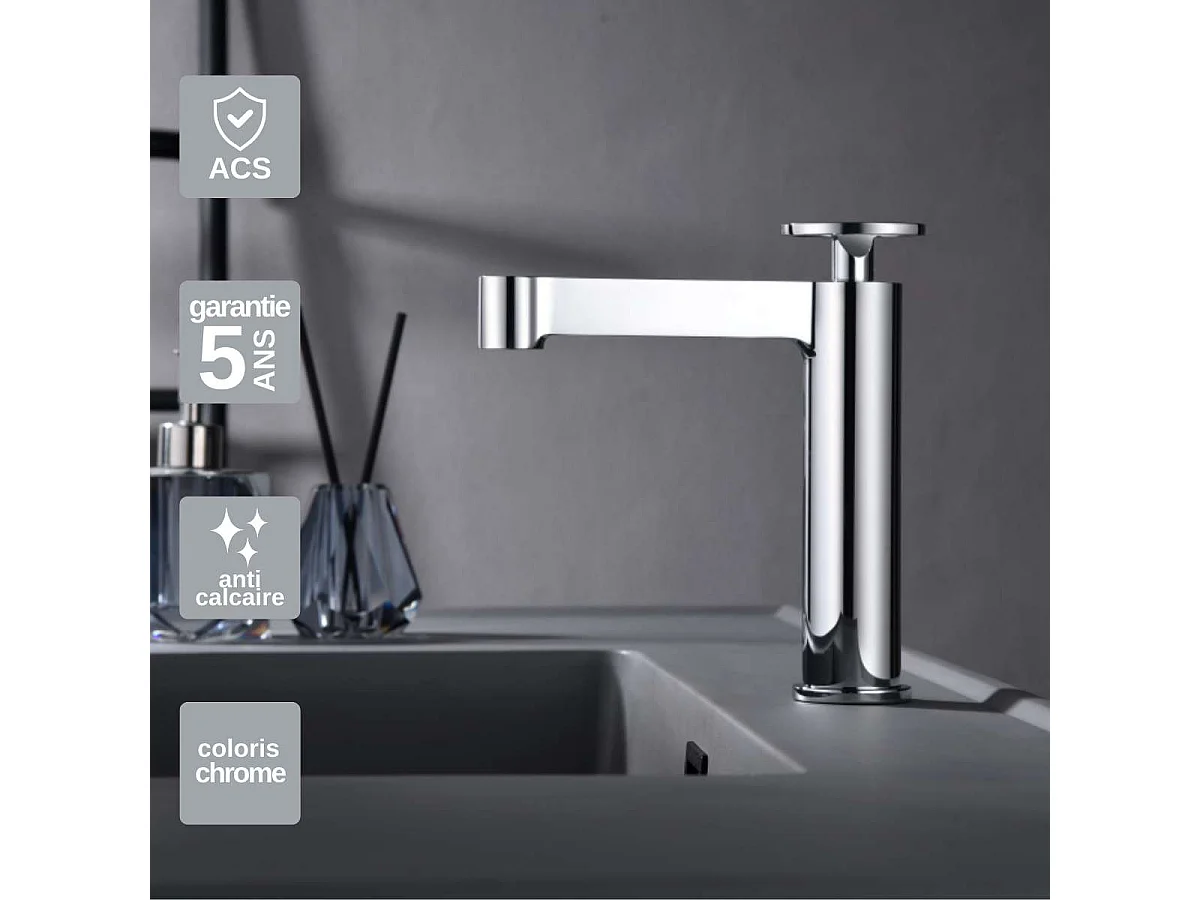 Mitigeur Lavabo Salle de Bain chromé – Bec Bas Anti-Calcaire – Design moderne - OLIMPO IMEX