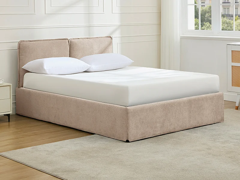 Lit coffre déhoussable 140 x 190 cm - Tissu - Beige + Matelas - TENESE