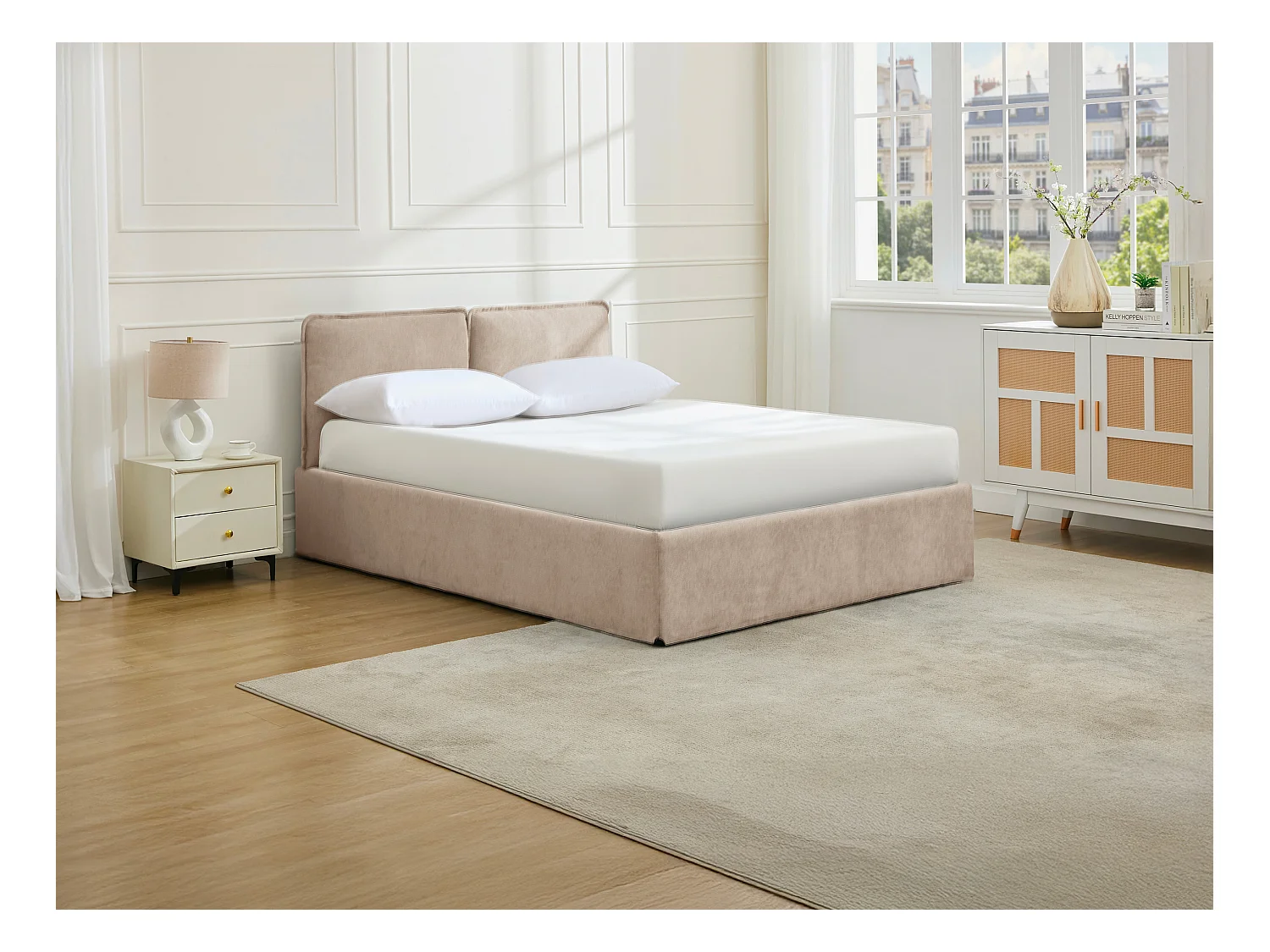 Bed met opbergruimte en afneembare hoes + Matras  140 x 190 cm - Stof - Beige - TENESE