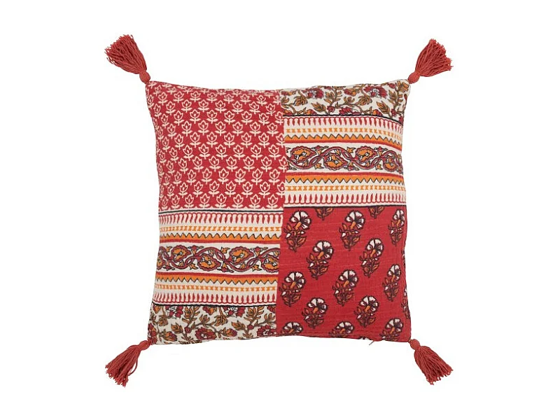 Cojín Flores+Flecos en Algodón Rojo 45x45x12 cm