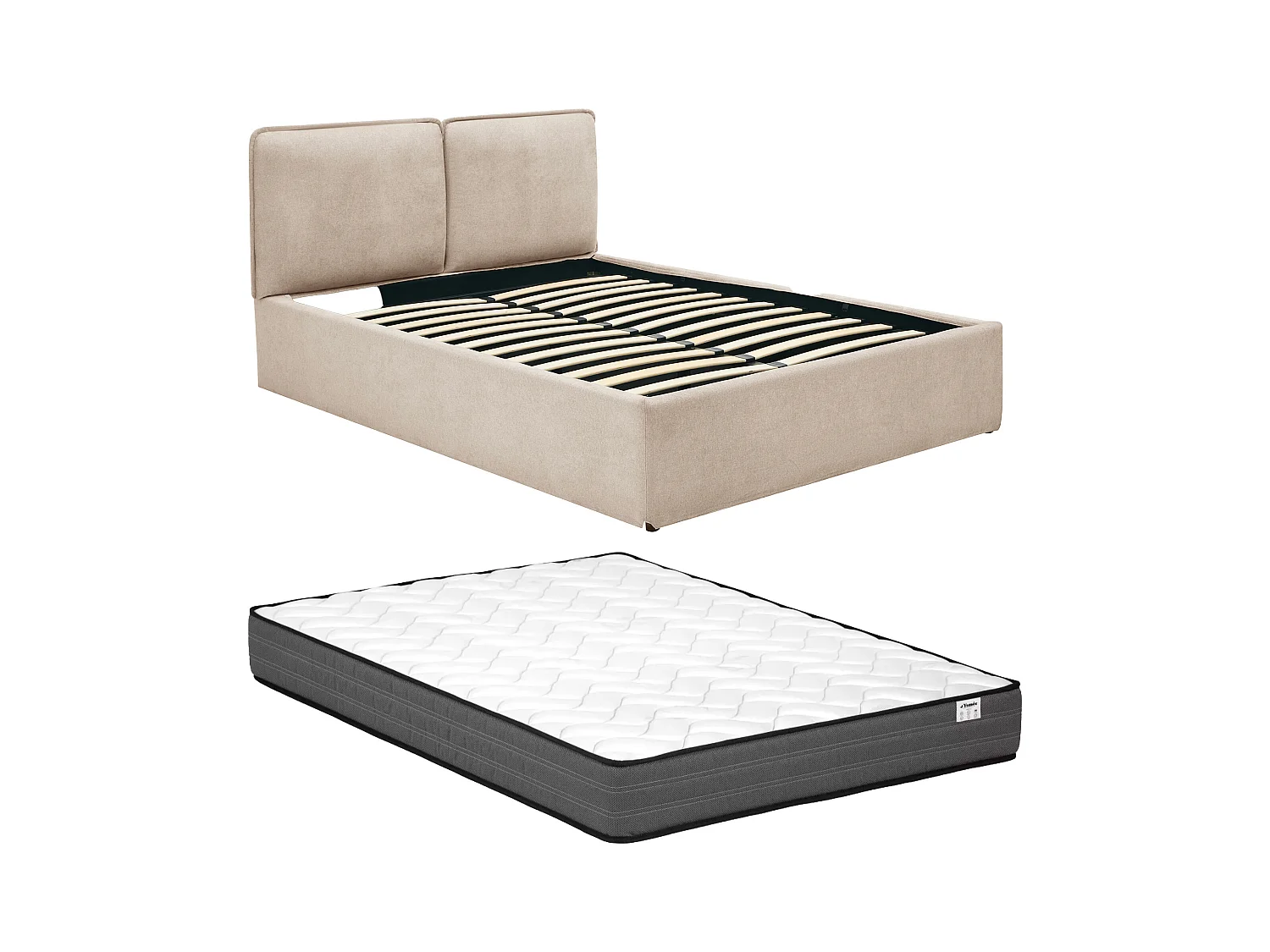 Bed met opbergruimte en afneembare hoes + Matras 160 x 200 cm - Stof - Beige - TENESE