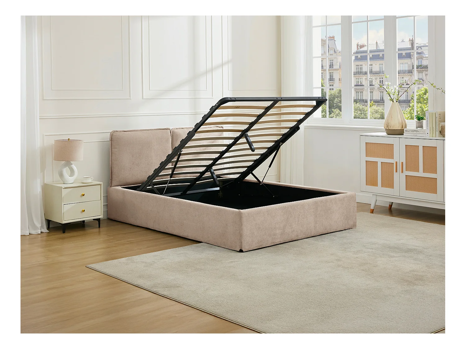 Bed met opbergruimte en afneembare hoes + Matras 160 x 200 cm - Stof - Beige - TENESE
