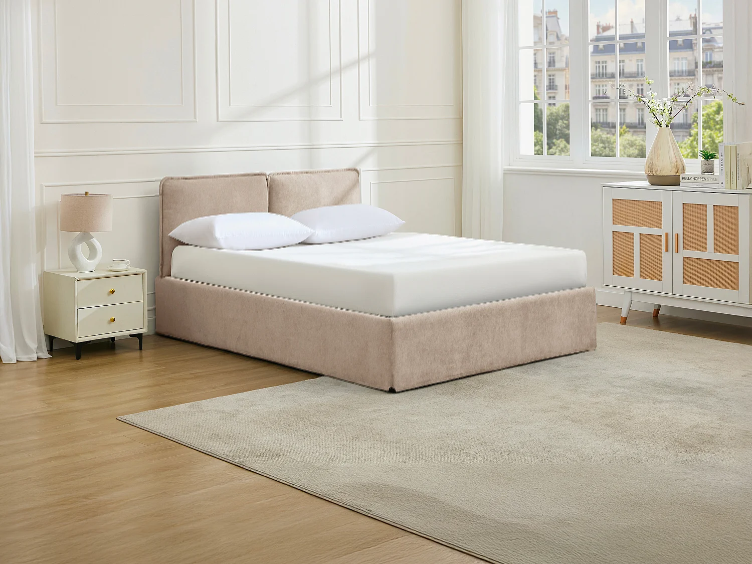 Lit coffre déhoussable 160 x 200 cm - Tissu - Beige + Matelas - TENESE