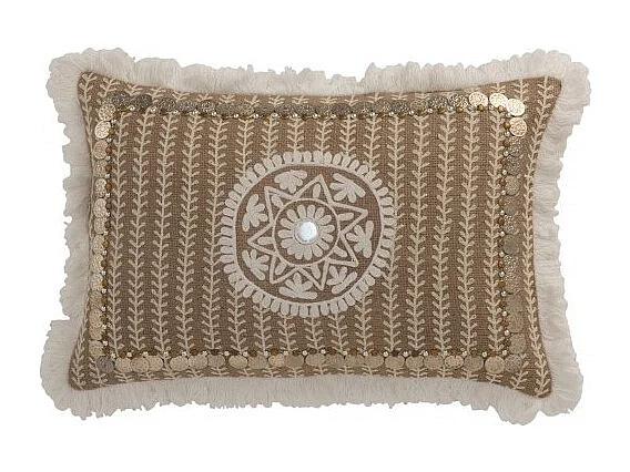 Cojín rectangular con borde de flecos y motivos de yute natural 49x31cm