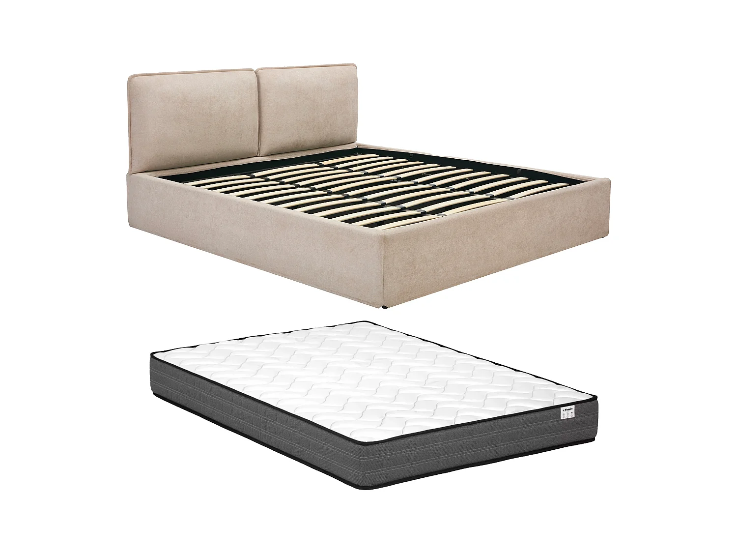 Bed met opbergruimte en afneembare hoes + Matras 180 x 200 cm - Stof - Beige - TENESE