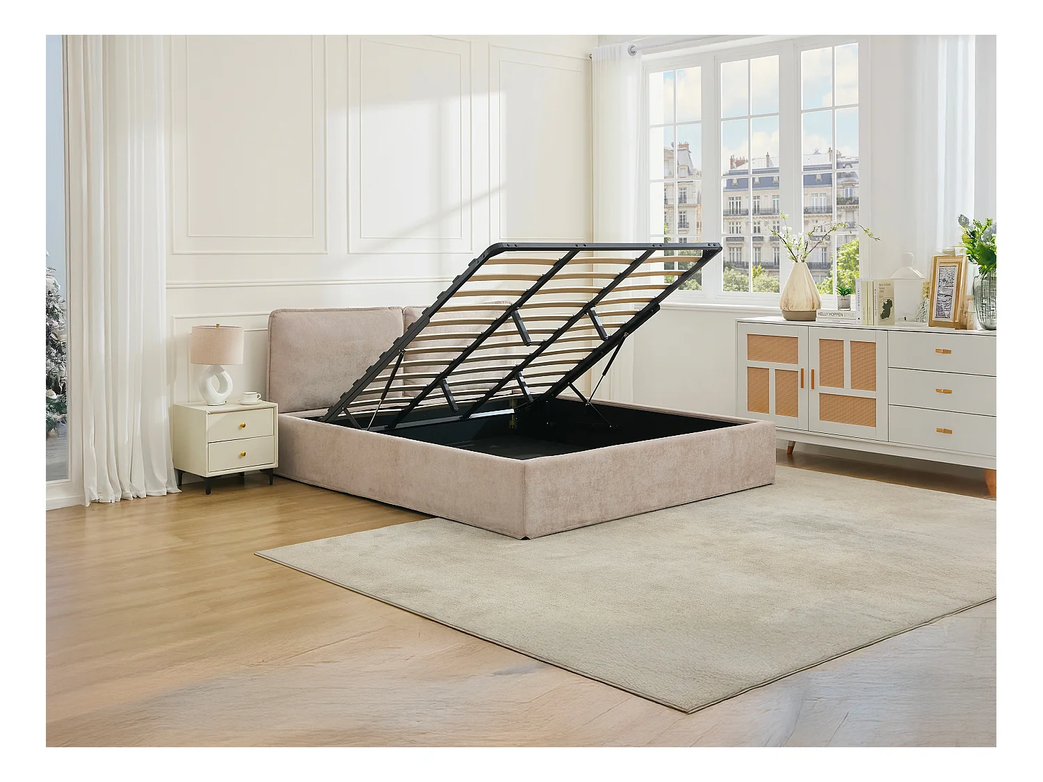Bed met opbergruimte en afneembare hoes + Matras 180 x 200 cm - Stof - Beige - TENESE