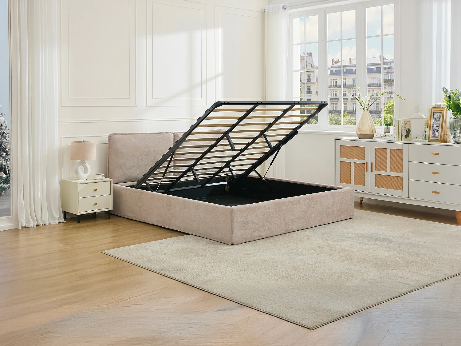 Lit coffre déhoussable 180 x 200 cm - Tissu - Beige + Matelas - TENESE