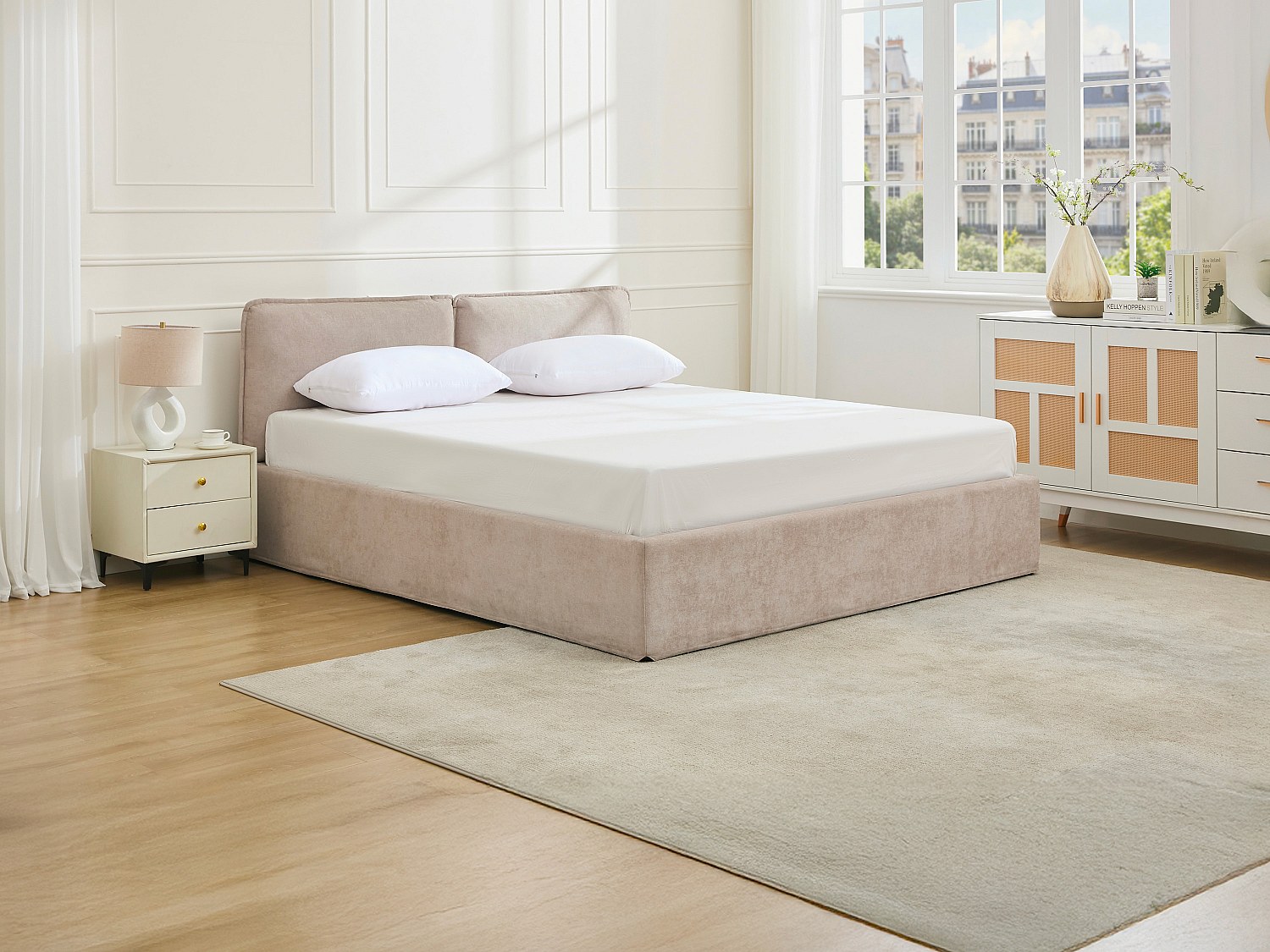 Bett mit Stauraum mit abnehmbarem Bezug – 180 x 200 cm – Stoff – Beige + Ma günstig online kaufen