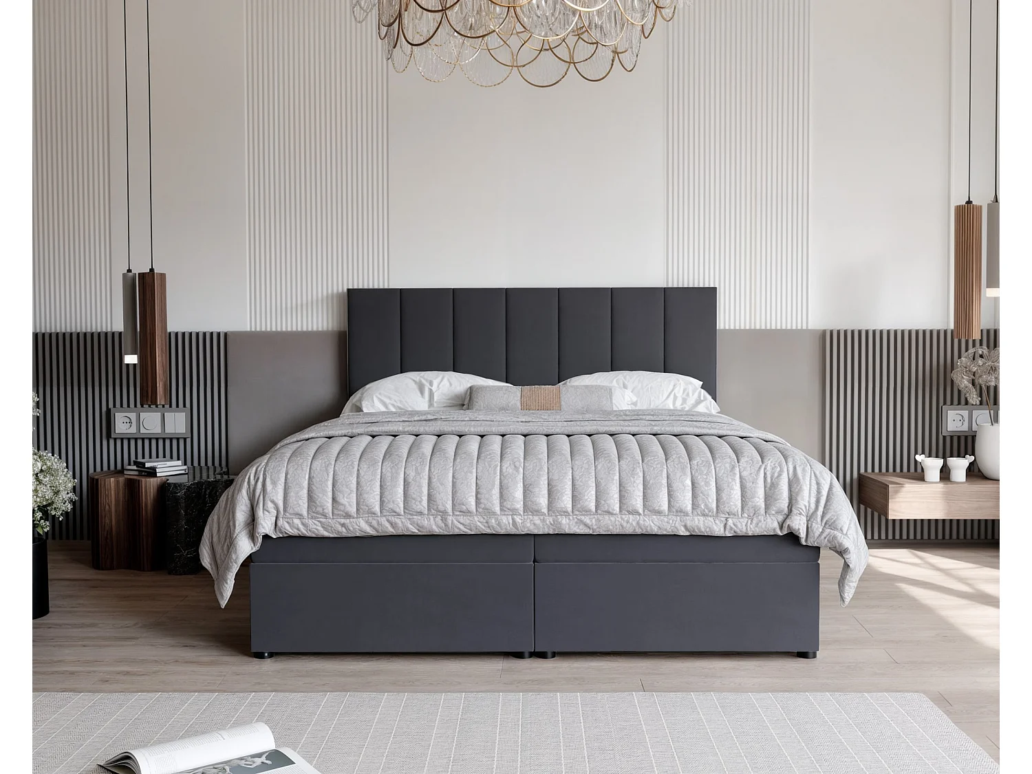 Lit continental rembourré avec surmatelas, gris anthracite - 180x200 - ZELTO