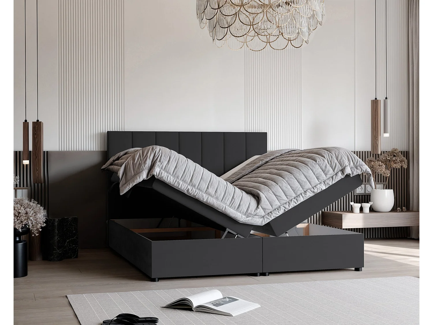 Lit continental rembourré avec surmatelas, gris anthracite - 140x200 - ZELTO