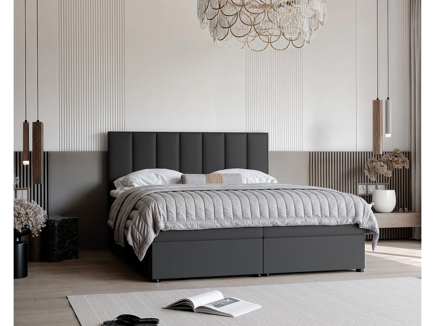 Lit continental rembourré avec surmatelas, noir  - 200x200 - ZELTO