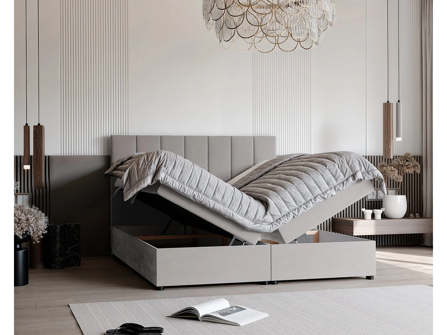 Lit continental rembourré avec surmatelas, gris - 200x200 - ZELTO