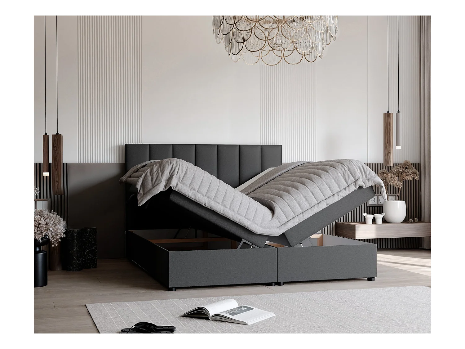 Lit continental rembourré avec surmatelas, noir  - 140x200 - ZELTO