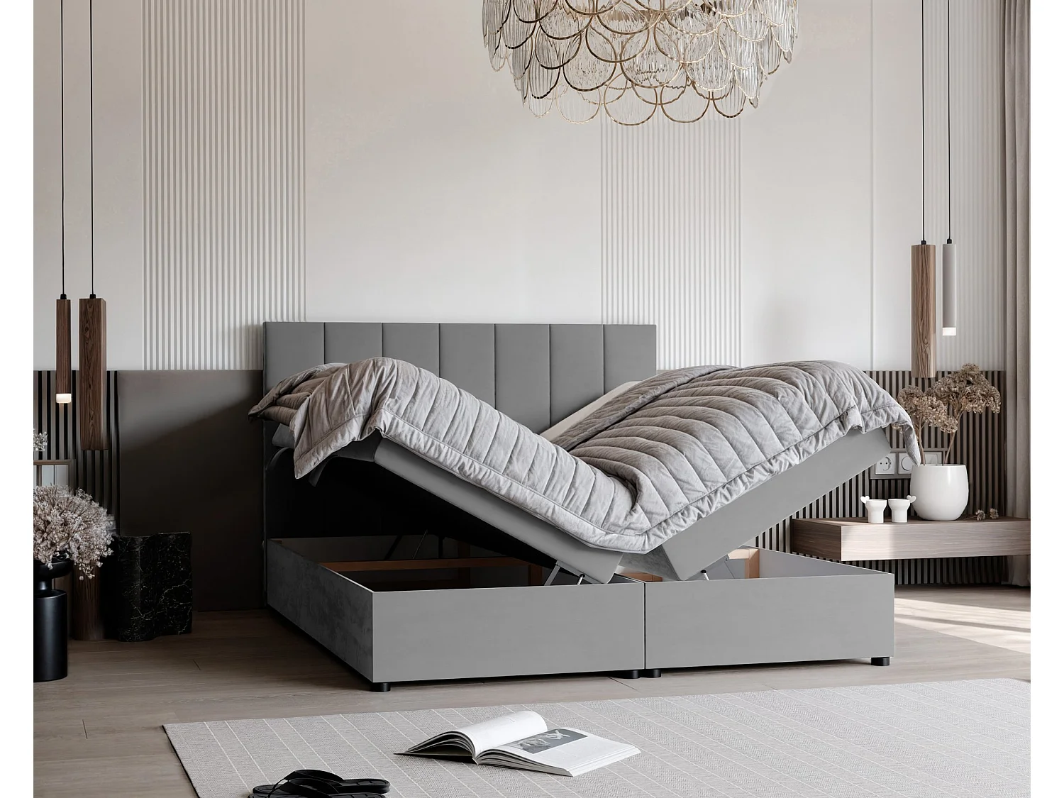 Lit continental rembourré avec surmatelas, gris clair - 140x200 - ZELTO