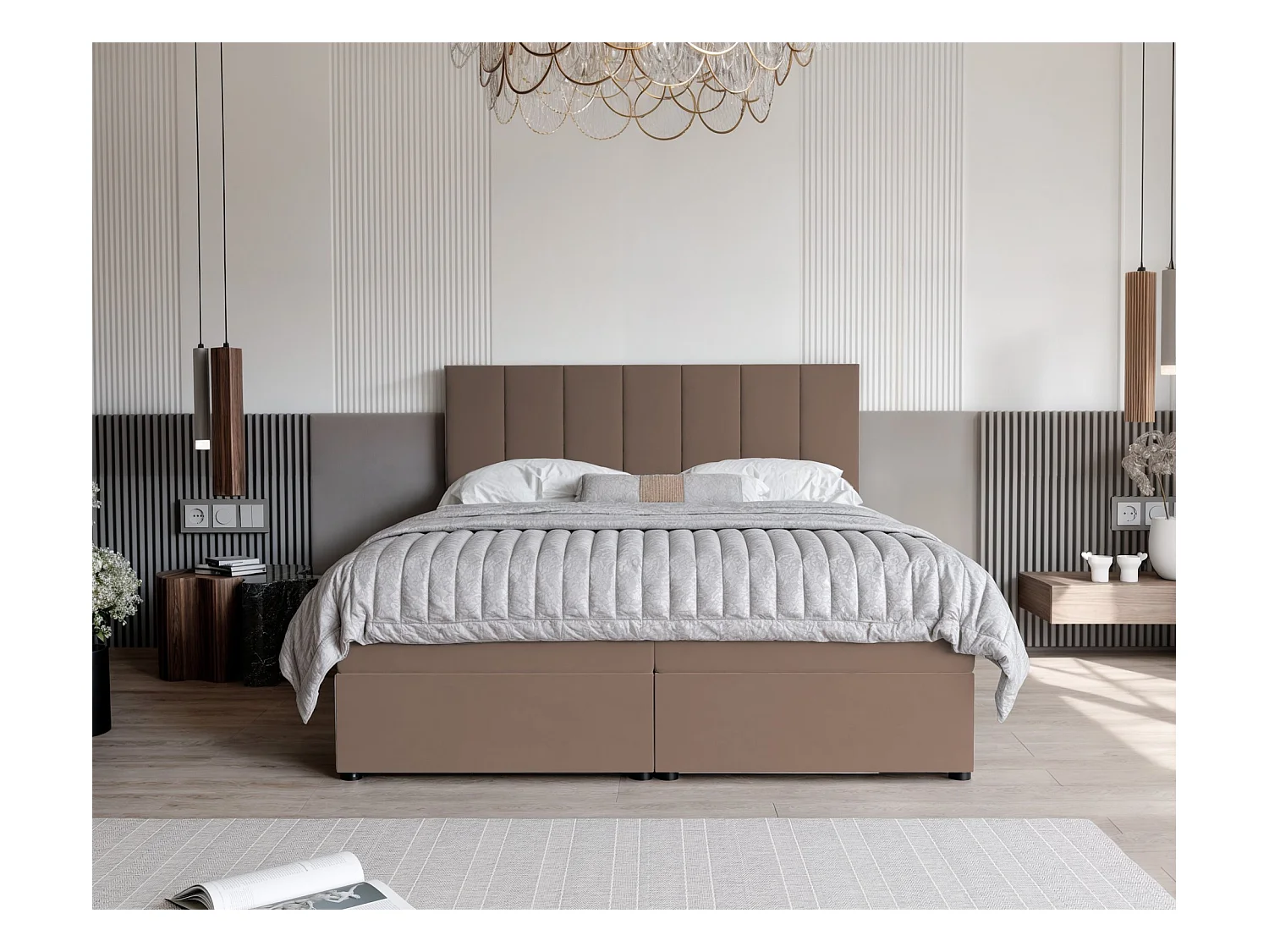 Lit continental rembourré avec surmatelas, marron - 140x200 - ZELTO