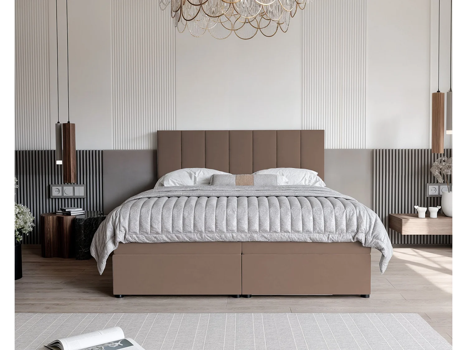 Lit continental rembourré avec surmatelas, marron - 140x200 - ZELTO