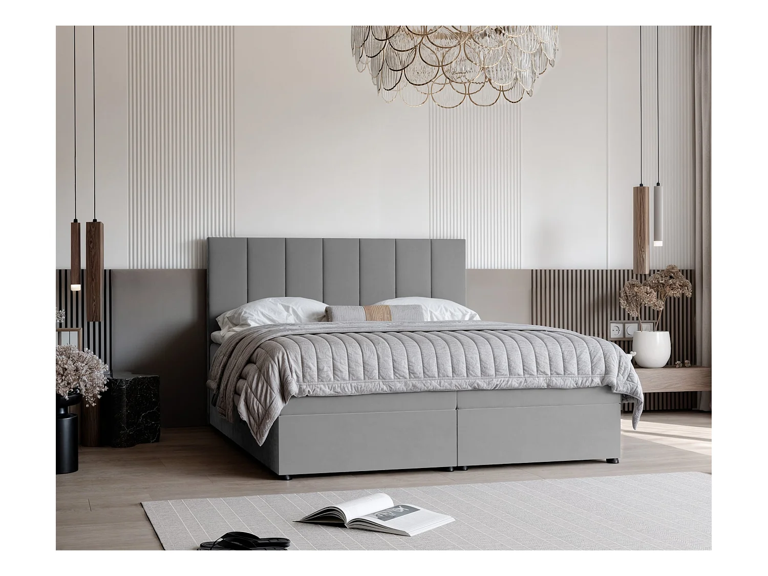 Lit continental rembourré avec surmatelas, gris clair - 160x200 - ZELTO