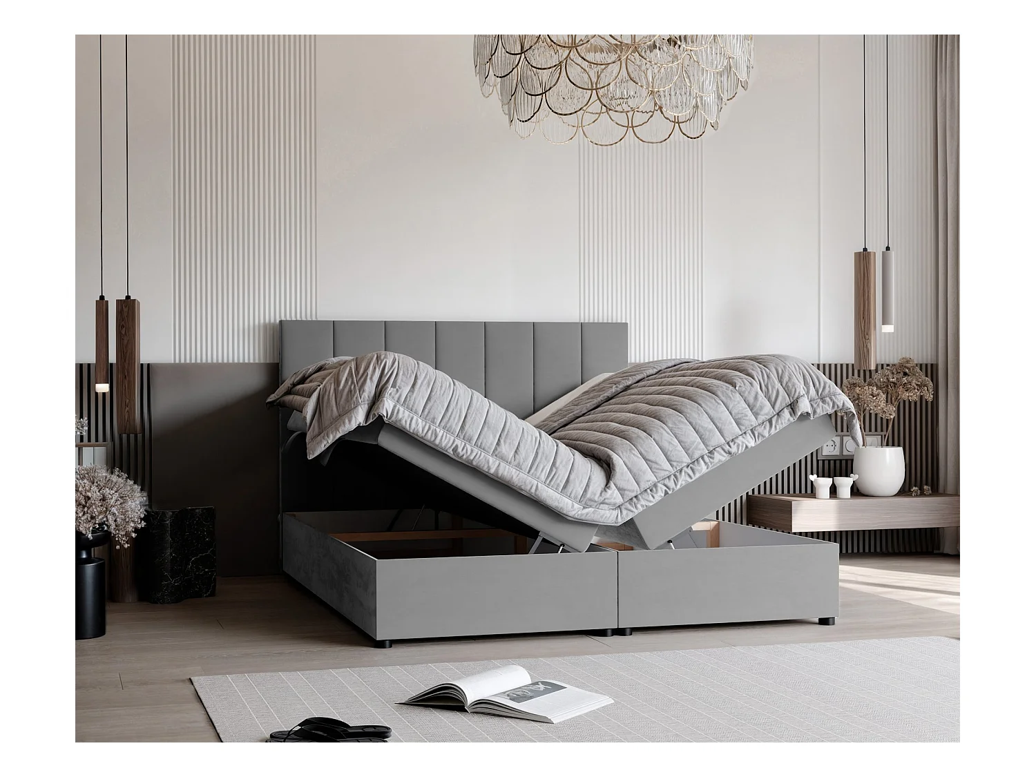 Lit continental rembourré avec surmatelas, gris clair - 160x200 - ZELTO
