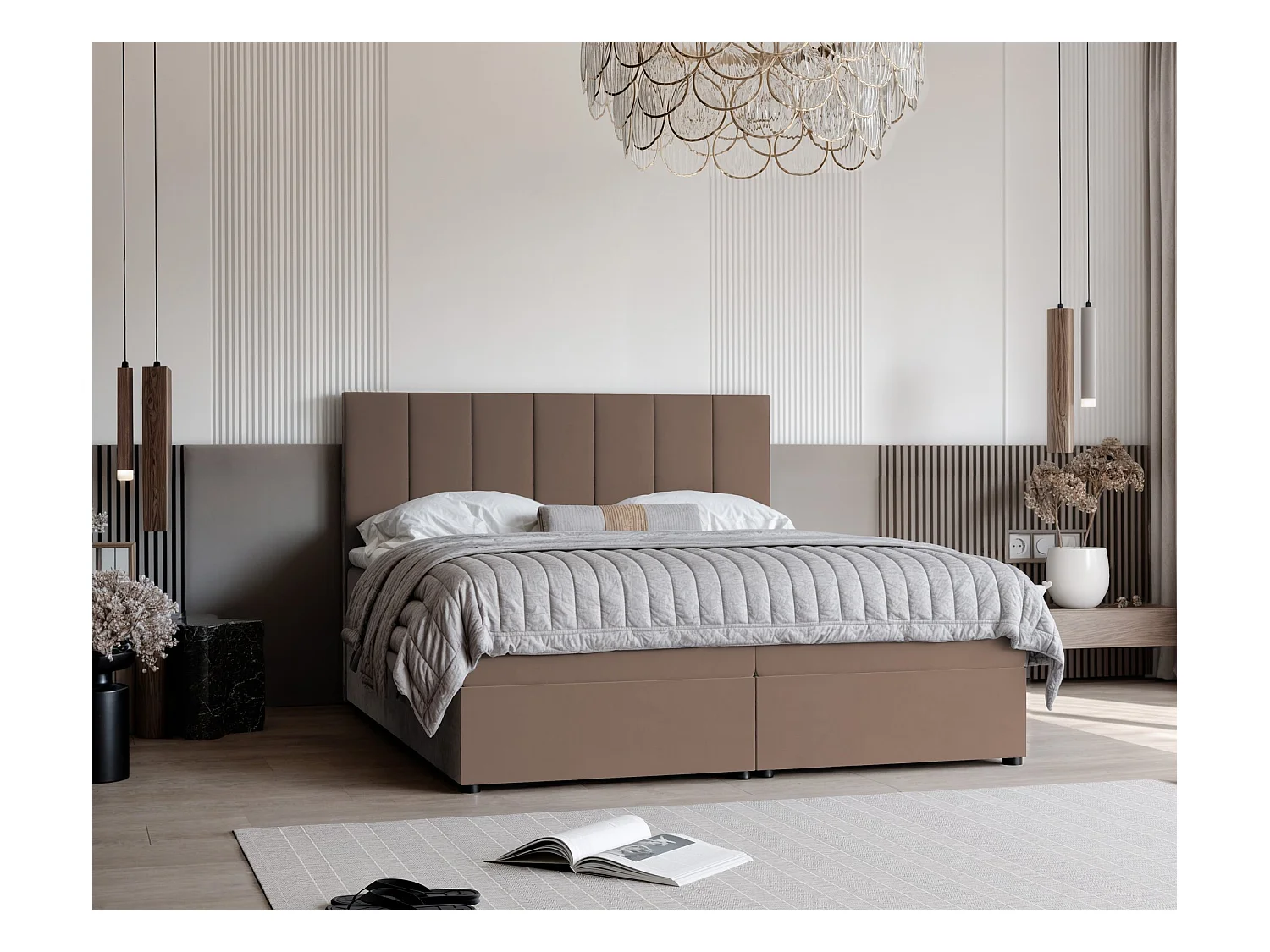 Lit continental rembourré avec surmatelas, marron - 160x200 - ZELTO