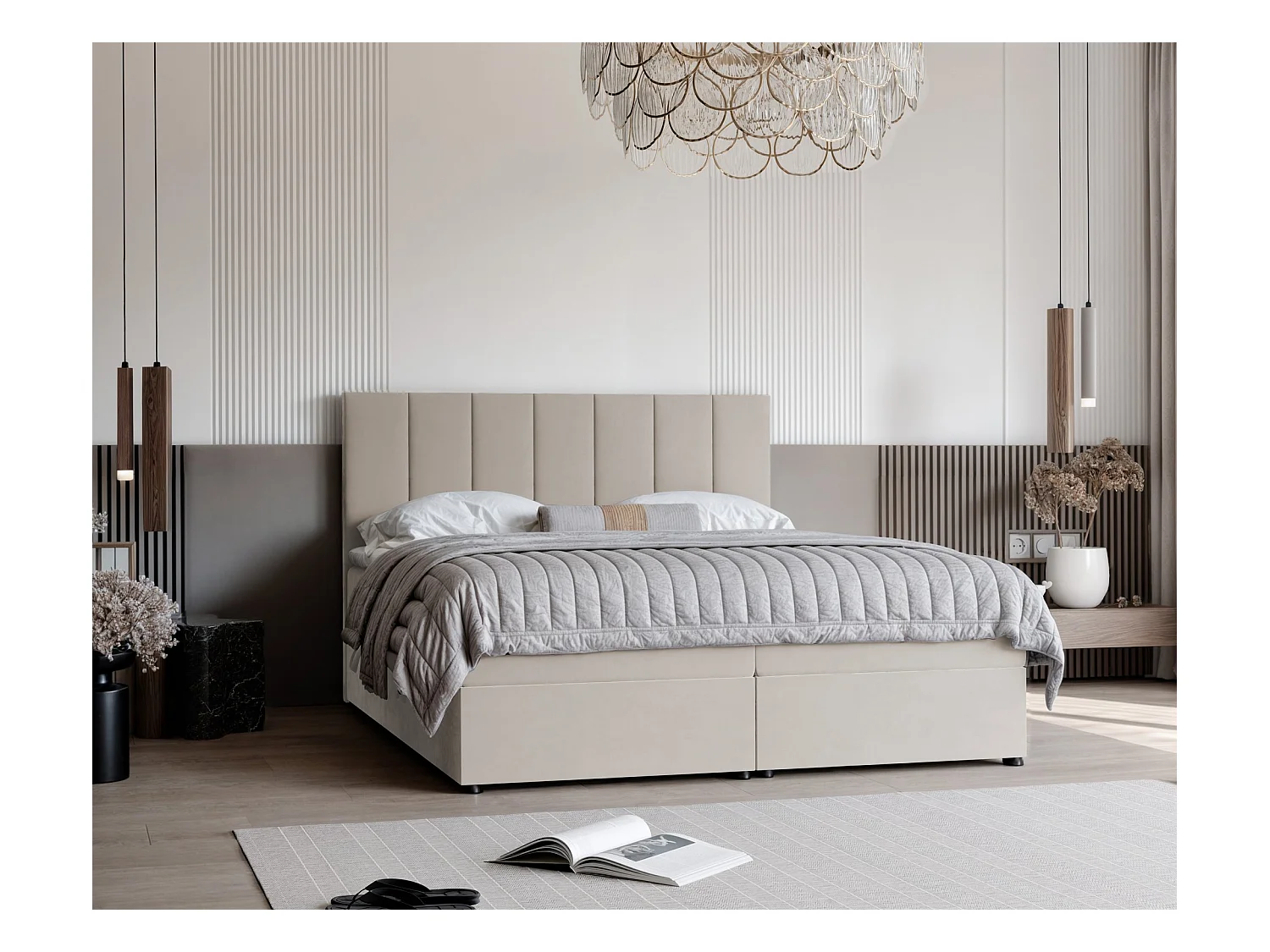 Lit continental rembourré avec surmatelas, beige - 160x200 - ZELTO
