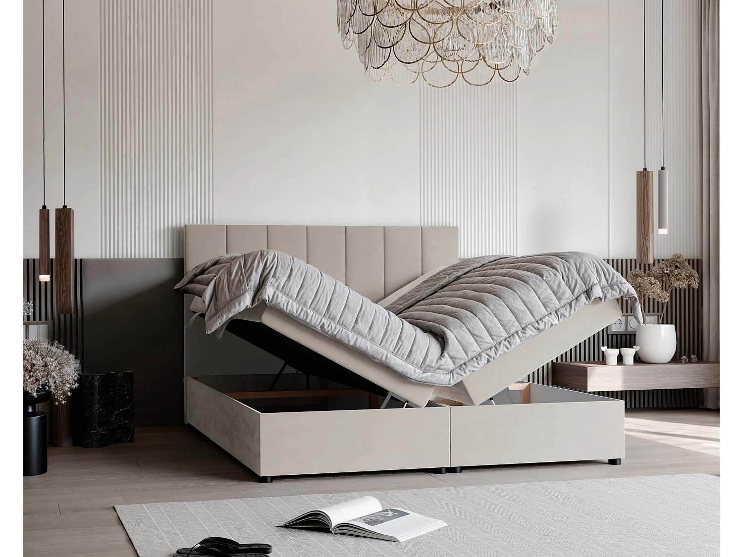 Lit continental rembourré avec surmatelas, beige - 160x200 - ZELTO