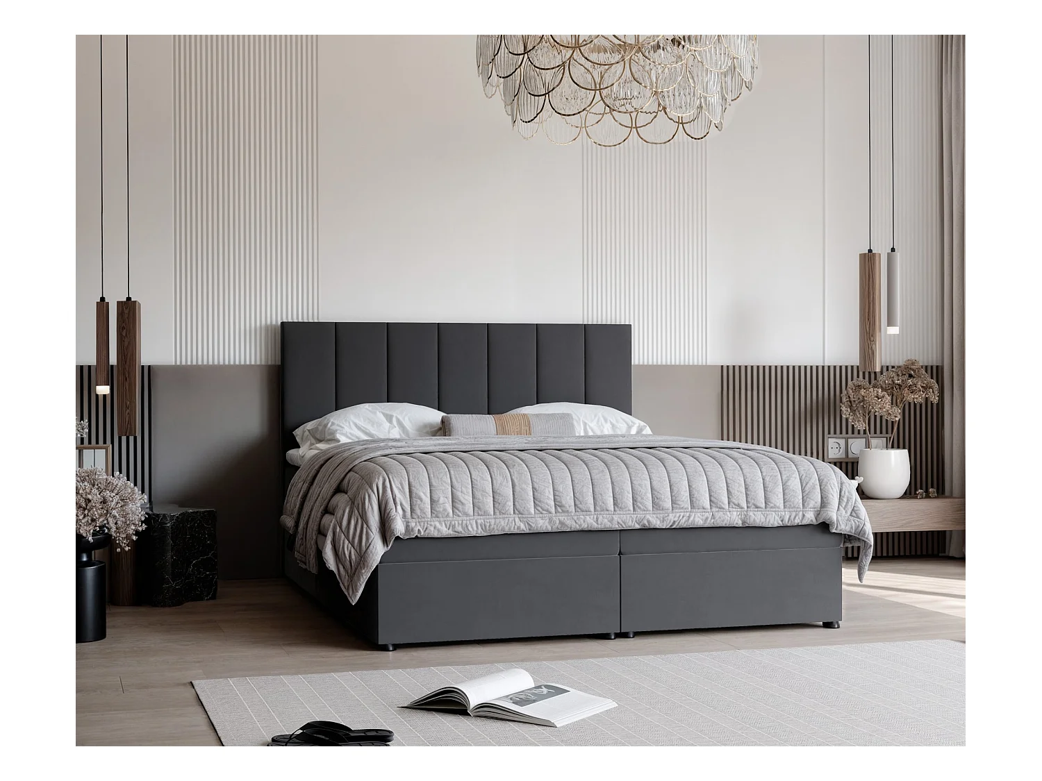 Lit continental rembourré avec surmatelas, gris anthracite - 180x200 - ZELTO