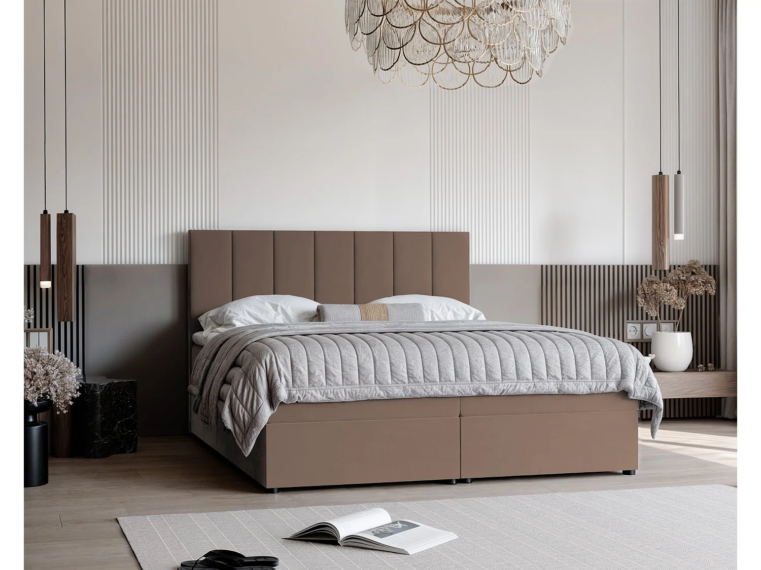 Lit continental rembourré avec surmatelas, marron - 200x200 - ZELTO