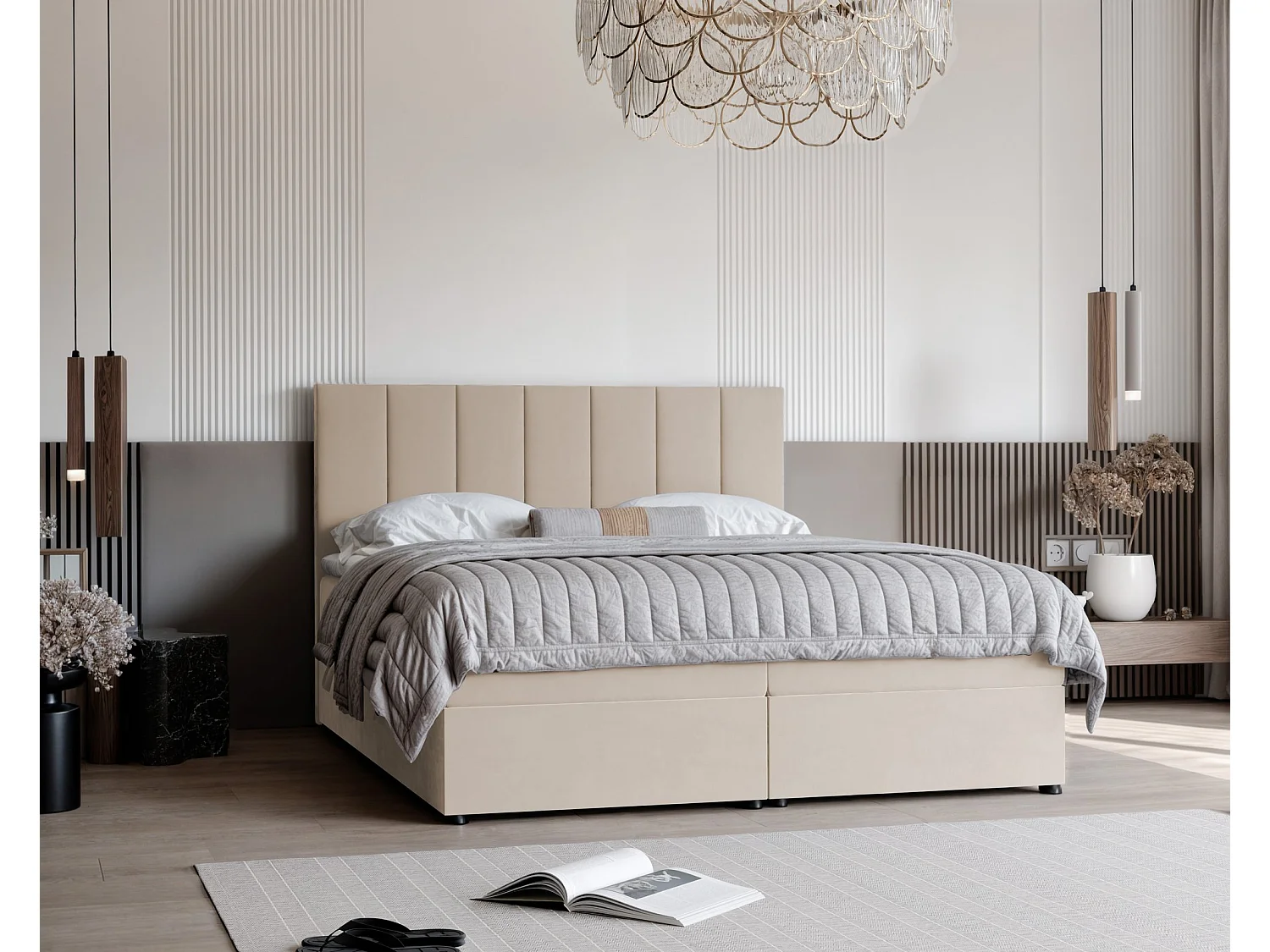 Lit continental rembourré avec surmatelas, crème - 200x200 - ZELTO