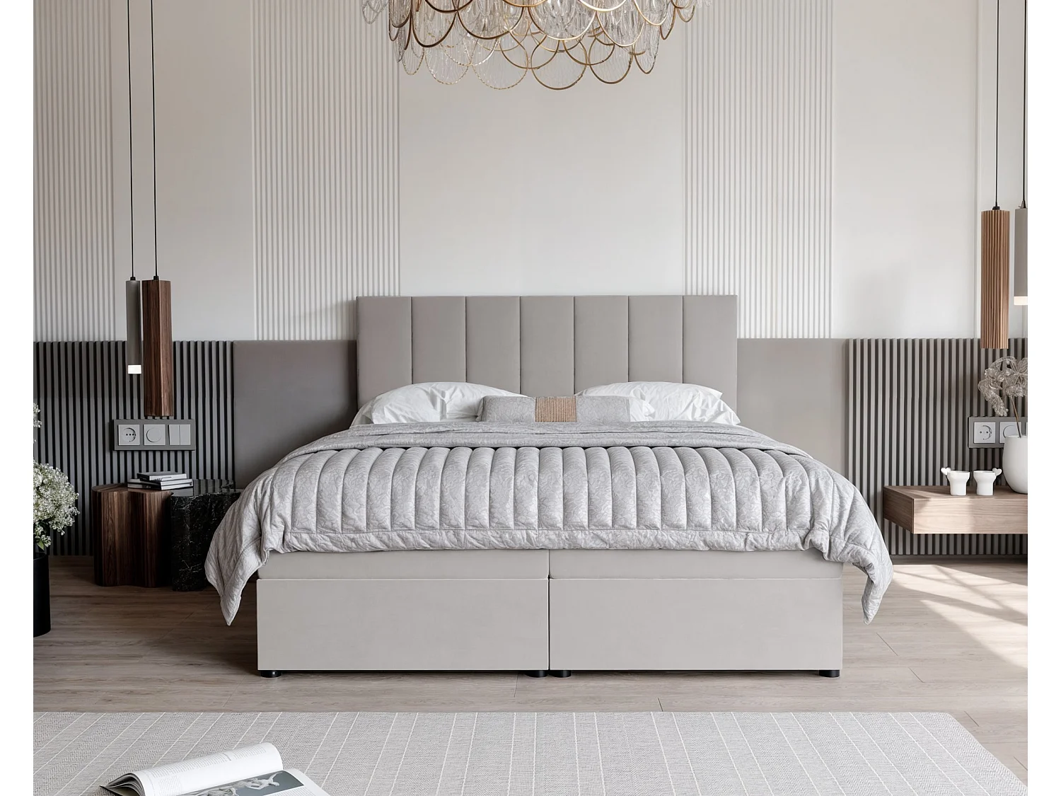Lit continental rembourré avec surmatelas, gris - 140x200 - ZELTO