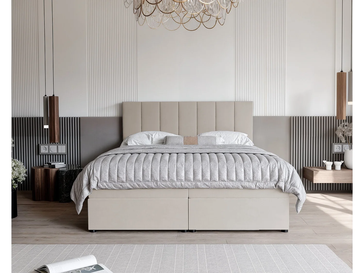 Lit continental rembourré avec surmatelas, beige - 200x200 - ZELTO