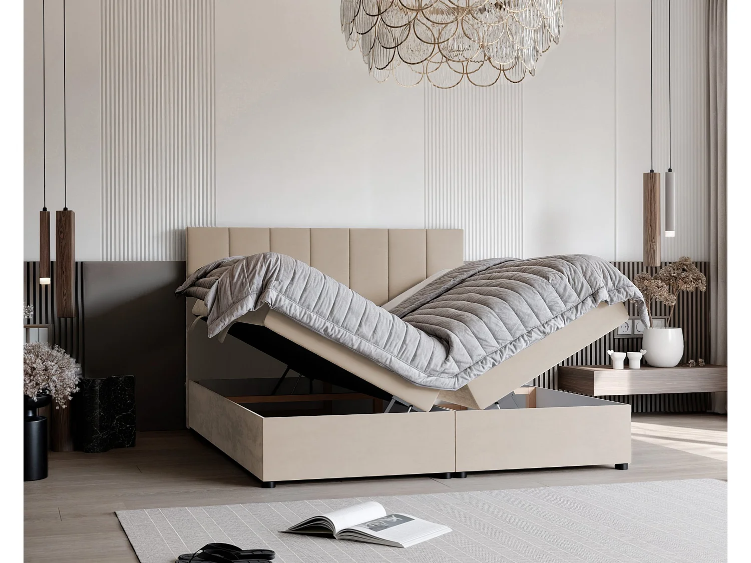 Lit continental rembourré avec surmatelas, crème - 160x200 - ZELTO